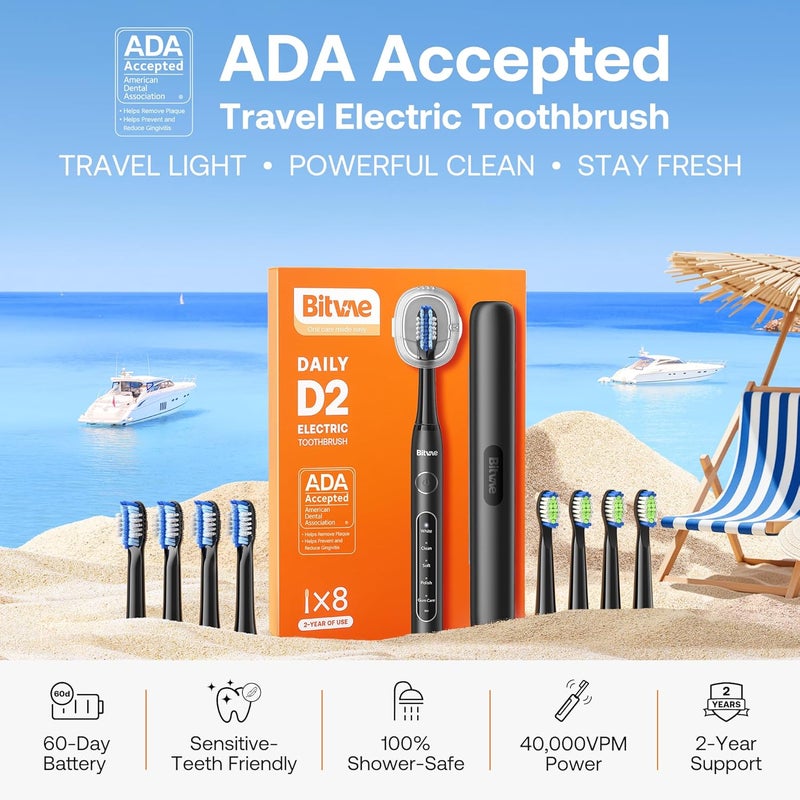 Bitvae D2 Electric Toothbrush with 8 Replacement Heads and Travel Case - ADA Accepted - Image 2