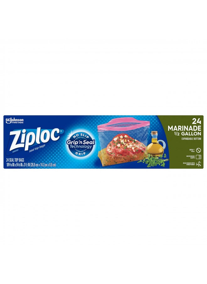Ziploc Ziploc Marinade Bags, Expandable Bottom with Easy Open Tabs, Half Gallon, 24 Count, Pack of 3 (72 Total Bags)  - Image 1
