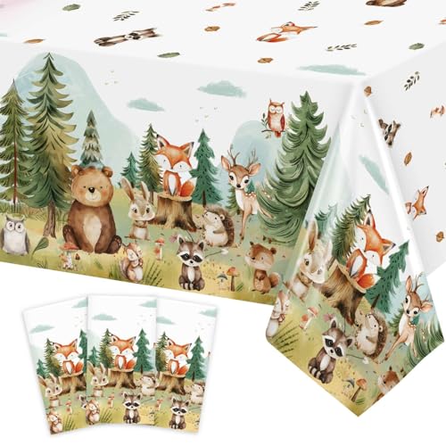 Caisehabu 3Pcs Woodland Baby Shower Decorations Tablecloth Baby Boy Large Size 54 x 108 Inch Rectangular Plastic Table Cloth Forest Animals Mountain Wilderness Theme Decor - Image 1