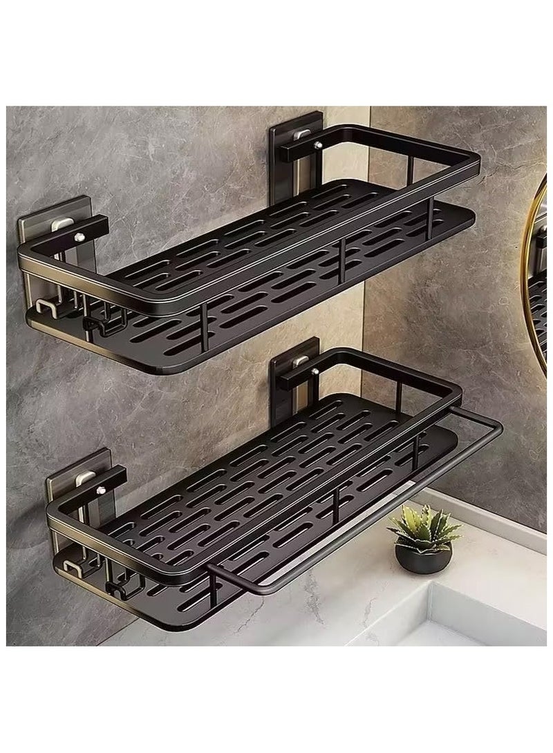 Hihonor Aluminum Shower Caddy, Adhesive Shower Shelves, 2-Pack With Hooks and Rod for Towels, No Drill Wall Mount Rustproof Premium Organizer for Bathroom, Kitchen, Black - Image 1