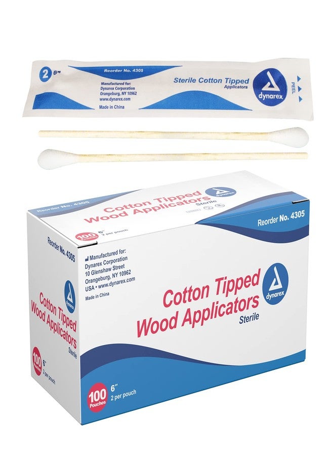 Dynarex 6-Inch Sterile Cotton Tipped Applicators - Single-Use Wooden Cotton Tip Applicators for Wound Care & Dressing, Hygiene, Make Up, Cleaning Tools, Jewelry - 1 Box of 100 Pouches, 2 per Pouch - Image 1