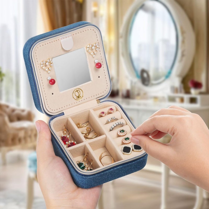 ZPROW Denim Travel Jewelry Case, Travel Jewelry Organizer, Jewelry Travel Case, Travel Jewelry Box, Small Jewelry Case, Jewelry Travel Box, Earring Organizer with Mirror - DeepBlue - Image 5