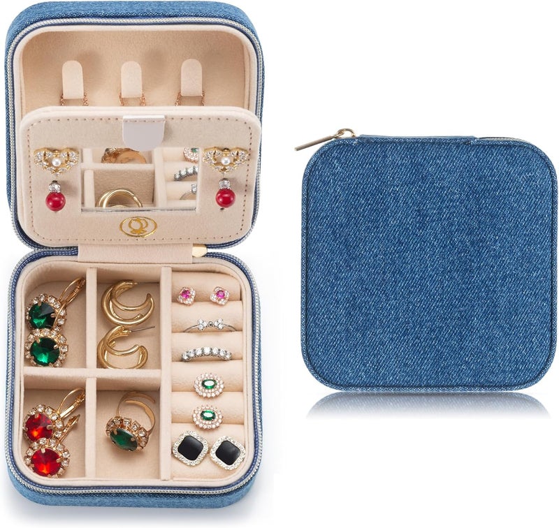ZPROW Denim Travel Jewelry Case, Travel Jewelry Organizer, Jewelry Travel Case, Travel Jewelry Box, Small Jewelry Case, Jewelry Travel Box, Earring Organizer with Mirror - DeepBlue - Image 1