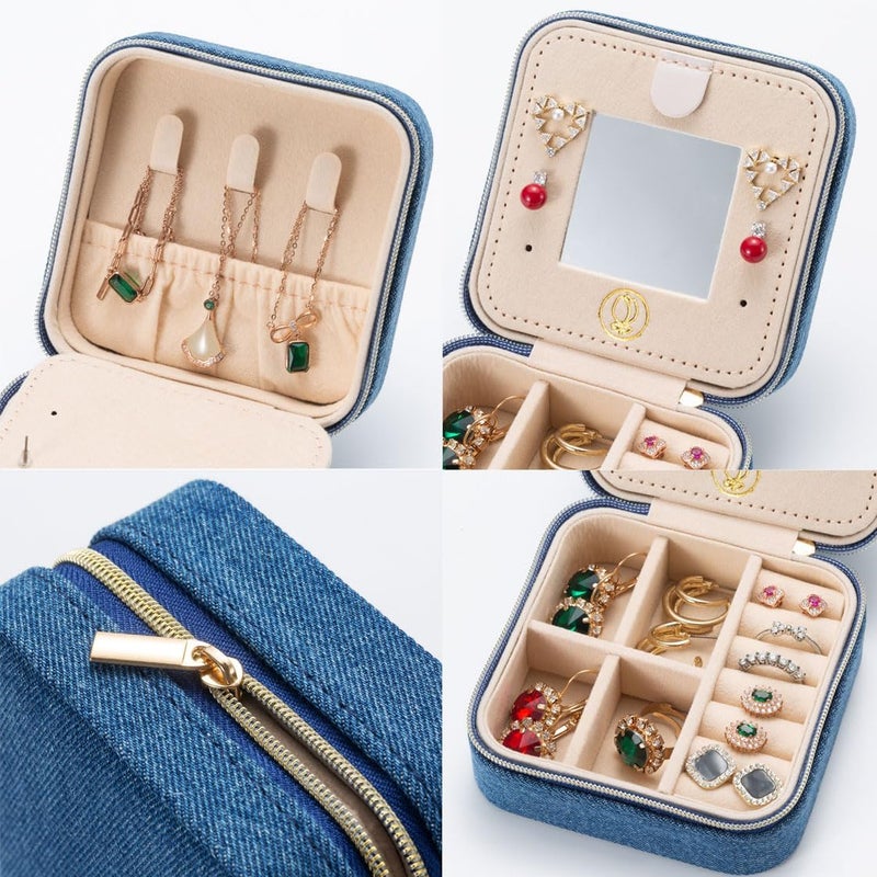 ZPROW Denim Travel Jewelry Case, Travel Jewelry Organizer, Jewelry Travel Case, Travel Jewelry Box, Small Jewelry Case, Jewelry Travel Box, Earring Organizer with Mirror - DeepBlue - Image 4