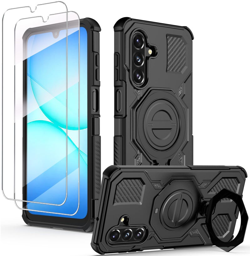 Liufcx for Samsung Galaxy A17 5G Case with 2 Pcs Screen Protector 360 Rotated Ring Magnetic Kickstand Military Grade Heavy Duty Shockproof Protective Cover Case for Galaxy A17 Black - Image 3