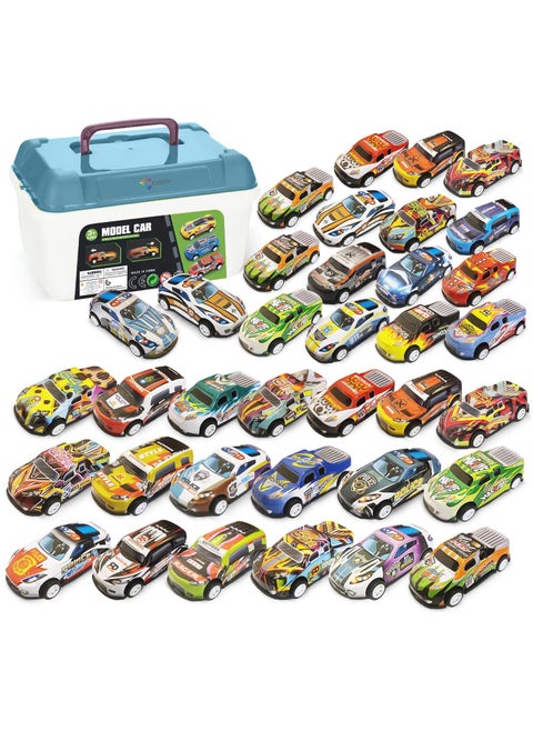 36 Pcs Toys Cars Party Favors Pull Back Race Cars Toy Mini Kids Toys for Boys Girls Toddlers Party Goodie Bag for 3-10 Years Old Kids Boys Girls Gift with Map and Storage Box