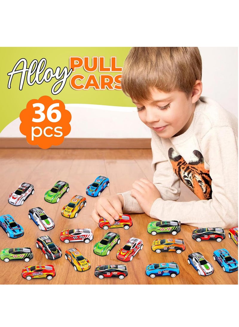 ESSEN - 36 Pcs Toys Cars Party Favors Pull Back Race Cars Toy Mini Kids Toys for Boys Girls Toddlers Party Goodie Bag for 3-10 Years Old Kids Boys Girls Gift with Map and Storage Box - Image 1