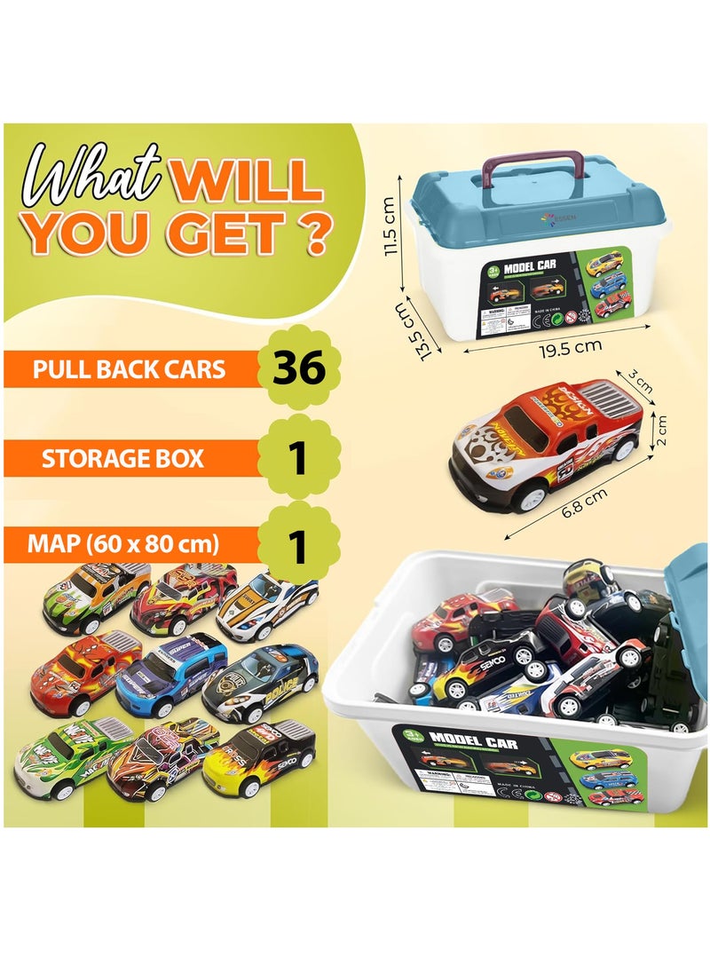 ESSEN 36 Pcs Toys Cars Party Favors Pull Back Race Cars Toy Mini Kids Toys for Boys Girls Toddlers Party Goodie Bag for 3-10 Years Old Kids Boys Girls Gift with Map and Storage Box  - Image 2