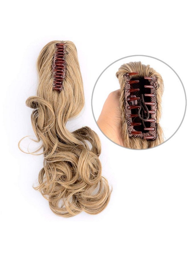 DIGUAN 13 Inches Ombre Claw Clip In Wavy Loose curly Synthetic Wrap Around Ponytail Extensions Short Pony Tail Clip In Extensions for Women Girl 4oz/115g (Caramel Blonde) - Image 4