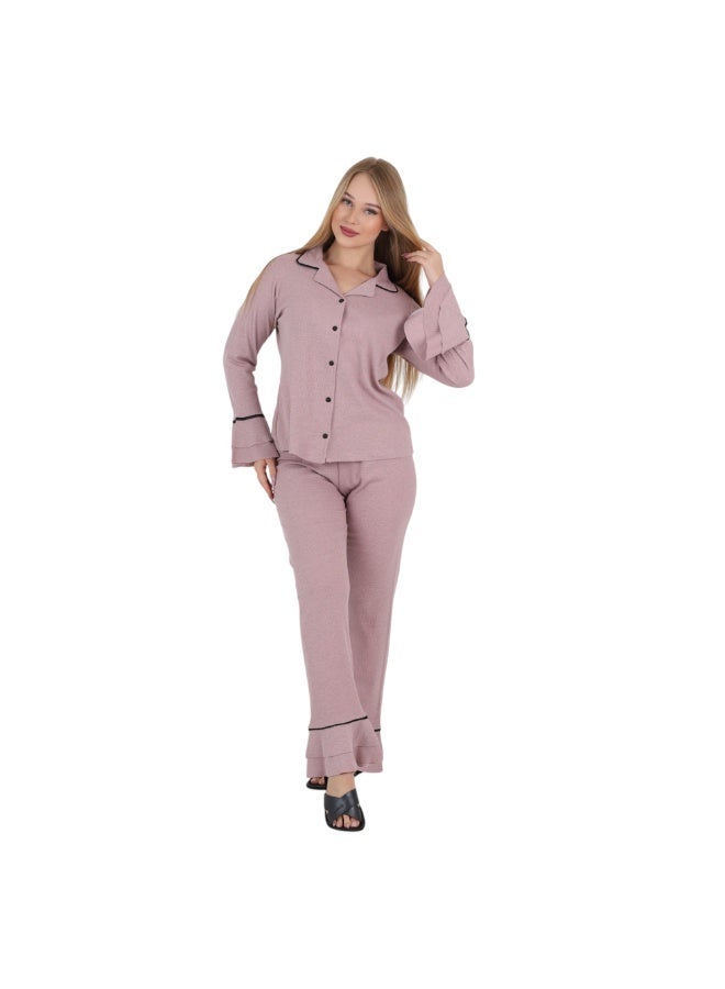 زيكوتكس  طقم صالة نسائية مقاس M-3XL – بيجامة بأزرار أمامية مع أساور أكمام مكشكشة – ملابس منزلية ناعمة ومريحة – مصنوع في مصر - Image 1