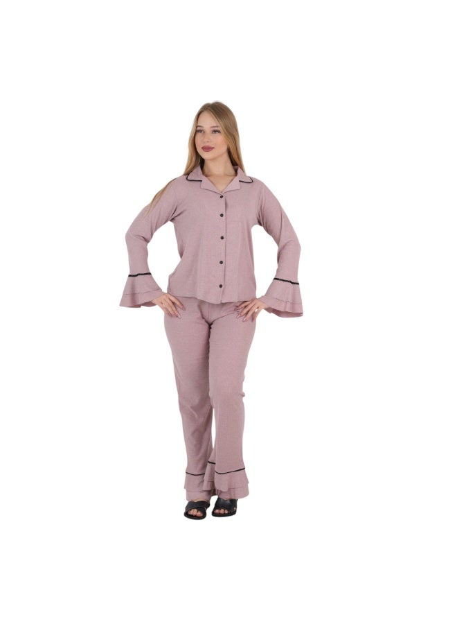 زيكوتكس  طقم صالة نسائية مقاس M-3XL – بيجامة بأزرار أمامية مع أساور أكمام مكشكشة – ملابس منزلية ناعمة ومريحة – مصنوع في مصر - Image 2