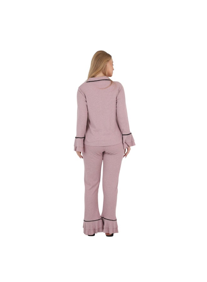 زيكوتكس  طقم صالة نسائية مقاس M-3XL – بيجامة بأزرار أمامية مع أساور أكمام مكشكشة – ملابس منزلية ناعمة ومريحة – مصنوع في مصر - Image 5
