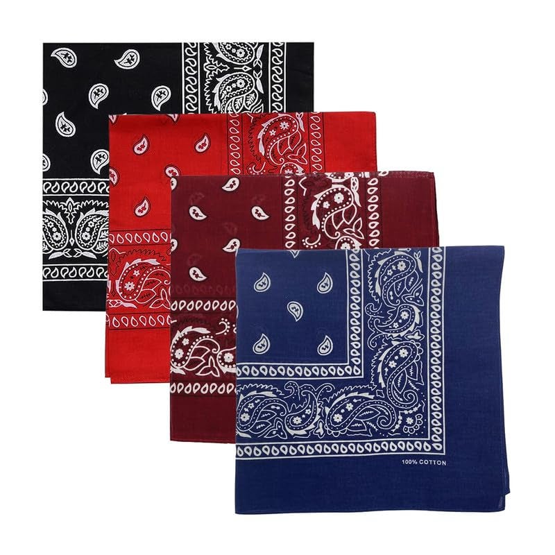 DIKHAWA Unisex Soft Breathable Cotton Paisley Printed Cowboy Bandanas,Headband,Scarf (BLACK,RED,NAVY,BURGUNDY_50CM X 50CM_Pack of 4) - Image 1