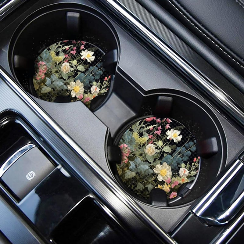 WOCOCN Cute Cup Holder Coasters for Your Car with Fingertip Grip, Auto Accessories for Women & Men,Pack of 2(Flower Cluster) - Image 1