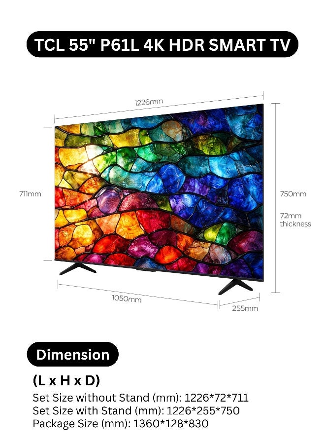 تي سي إل تلفاز ذكي 55 بوصة P61L 4K HDR (طراز 2026 جوجل تي في - النسخة الدولية) - تلفاز UHD 55 بوصة مع معالج AiPQ | صوت دولبي غامر | لوحة HVA | HDR10 | تصميم معدني بدون حواف | سيد الألعاب - Image 2
