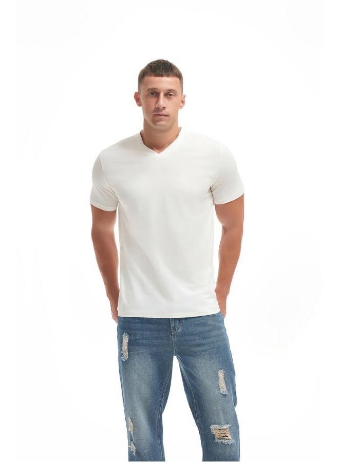 VEIISAR V Neck Mens T Shirt - Premium Fitted Soft Men's T-Shirts - Wrinkle Resistant & Breathable V8 White M, V8 White, M - Image 3