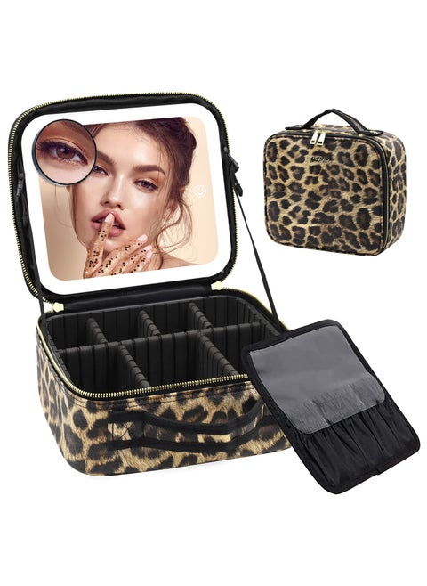 Makeup Bag with Mirror of LED Lighted and Detachable 10x Magnifying Mirror, Travel Makeup Cosmetic Bag Organizer with Mirror and Lights, Make up Bag with Light up Mirror Adjustable Divider(Leopard)