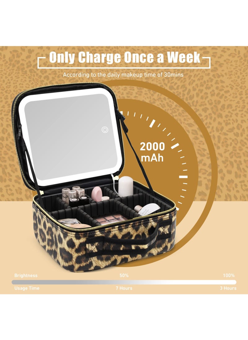 Makeup Bag with Mirror of LED Lighted and Detachable 10x Magnifying Mirror, Travel Makeup Cosmetic Bag Organizer with Mirror and Lights, Make up Bag with Light up Mirror Adjustable Divider(Leopard)