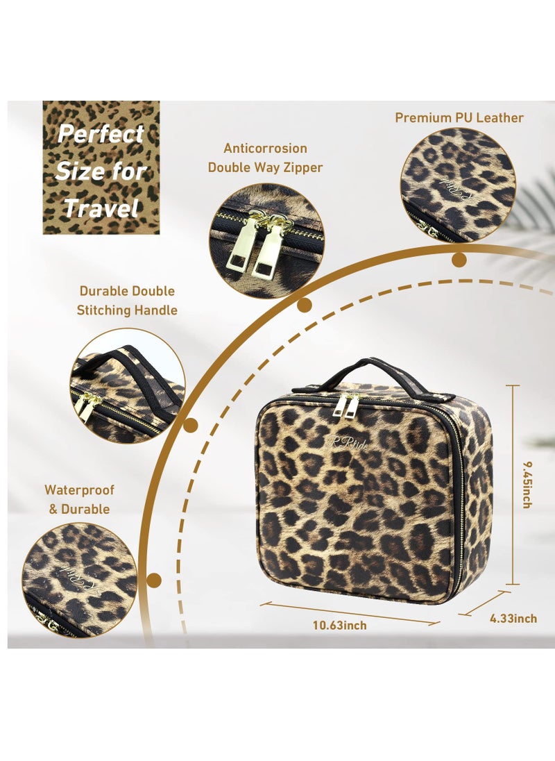 Makeup Bag with Mirror of LED Lighted and Detachable 10x Magnifying Mirror, Travel Makeup Cosmetic Bag Organizer with Mirror and Lights, Make up Bag with Light up Mirror Adjustable Divider(Leopard)