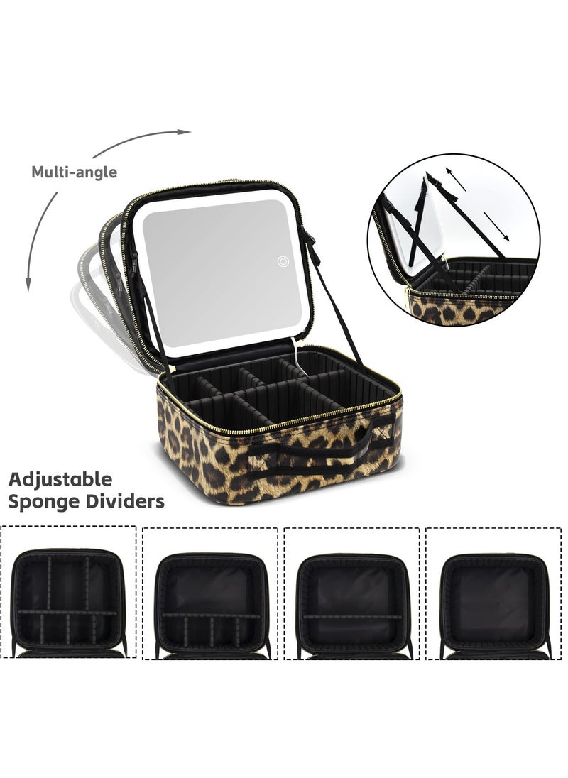 Makeup Bag with Mirror of LED Lighted and Detachable 10x Magnifying Mirror, Travel Makeup Cosmetic Bag Organizer with Mirror and Lights, Make up Bag with Light up Mirror Adjustable Divider(Leopard)