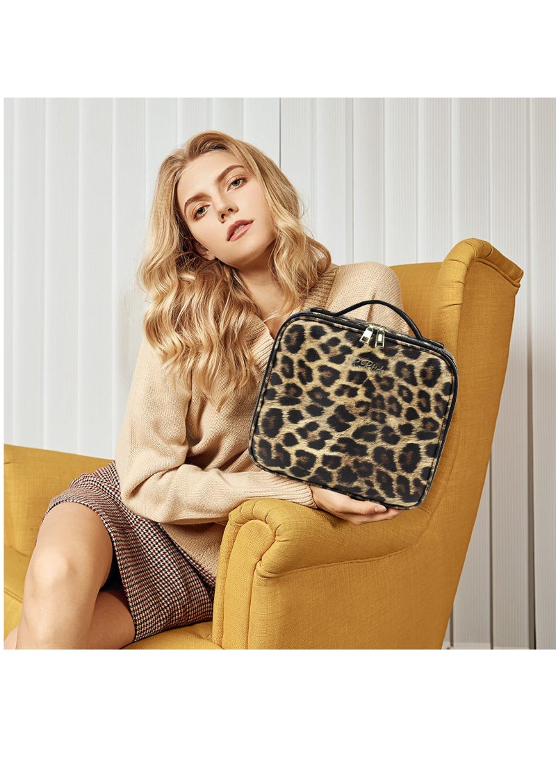 Makeup Bag with Mirror of LED Lighted and Detachable 10x Magnifying Mirror, Travel Makeup Cosmetic Bag Organizer with Mirror and Lights, Make up Bag with Light up Mirror Adjustable Divider(Leopard)
