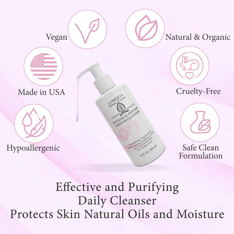 Florencia Botanical Peptide Oxygen Cleanser - Oil-Free Daily Foaming Gel Face Wash for Dry, Oily, or Sensitive Skin - With Peptides, Botanicals, Glycoproteins - Revitalizing Cleanser, 6 oz - Image 2