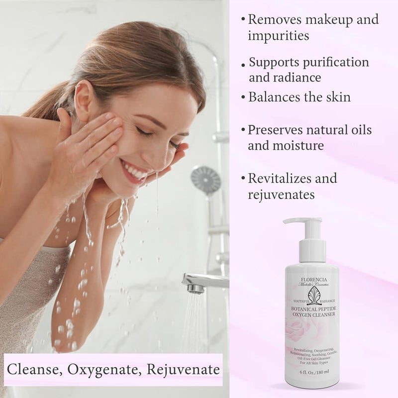 Florencia Botanical Peptide Oxygen Cleanser - Oil-Free Daily Foaming Gel Face Wash for Dry, Oily, or Sensitive Skin - With Peptides, Botanicals, Glycoproteins - Revitalizing Cleanser, 6 oz - Image 3