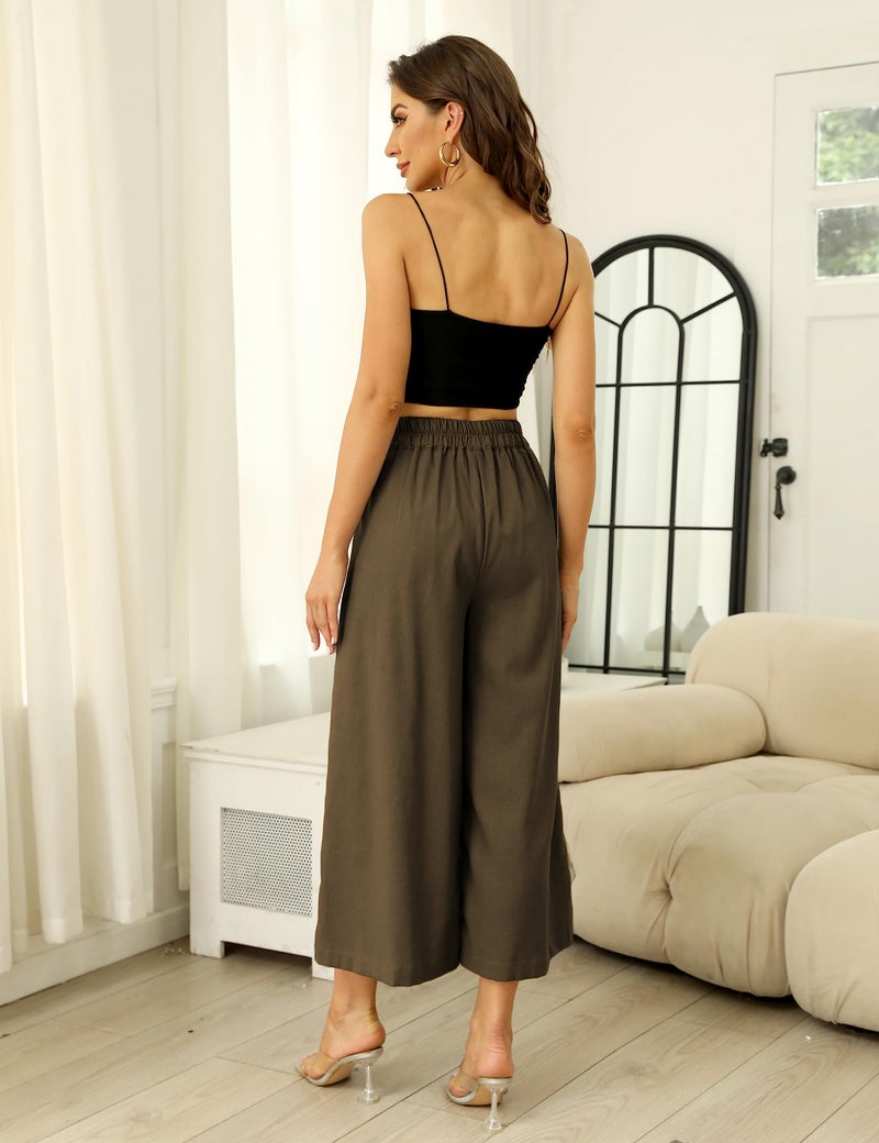 Hooever Women's Cotton Linen Culottes Pants Elastic Waist Wide Leg Palazzo Trousers Capri Pant (DarkKhaki-S) - Image 4