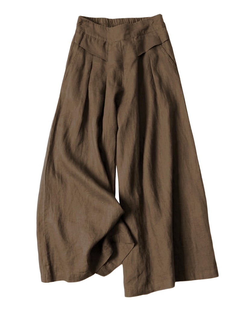 Hooever Women's Cotton Linen Culottes Pants Elastic Waist Wide Leg Palazzo Trousers Capri Pant (DarkKhaki-S) - Image 1
