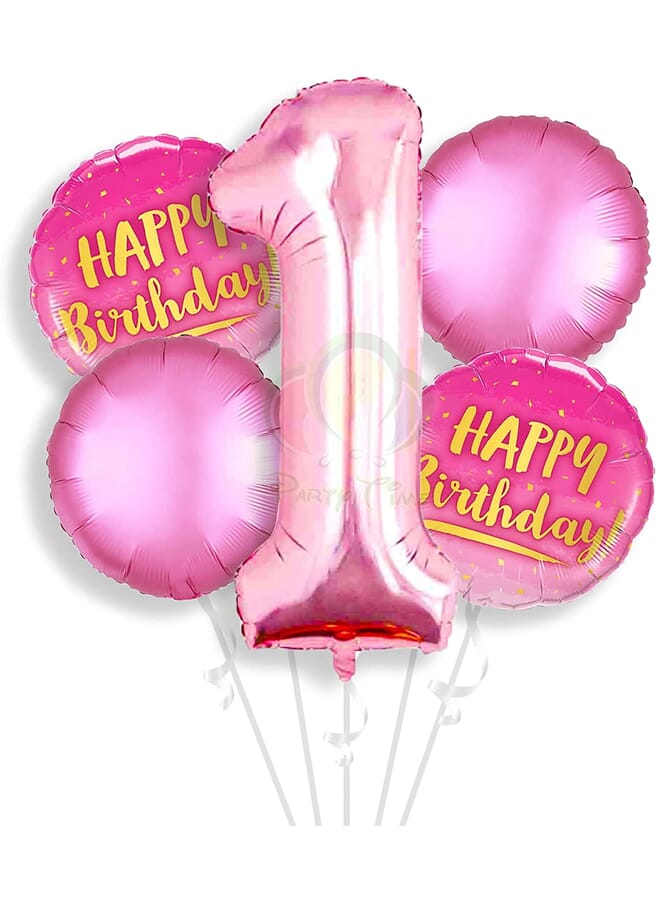 Party Time Number 1 Birthday Party Set Rose Gold Foil Balloons Shiny Happy Birthday Round Foil Balloons And Matte Pink Round Foil Balloons Decorations - Image 1