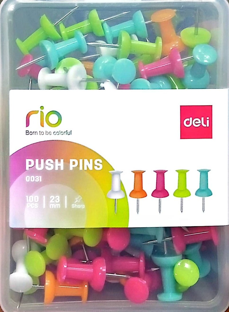 Deli 100 قطعة دبابيس دفع ملونة مناسبة للوحة الإعلانات مكتب مدرسة لوح الفلين والمنزل معبأة في صندوق بلاستيكي - Image 1