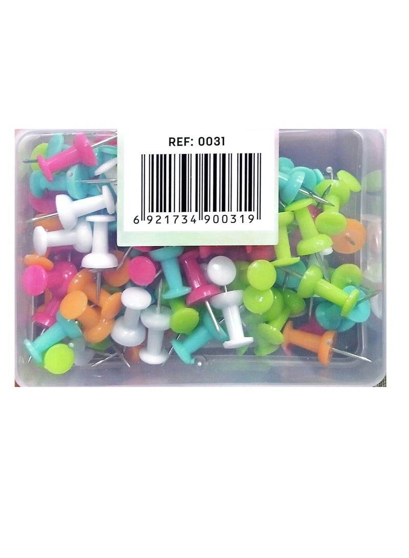 Deli 100 قطعة دبابيس دفع ملونة مناسبة للوحة الإعلانات مكتب مدرسة لوح الفلين والمنزل معبأة في صندوق بلاستيكي - Image 2