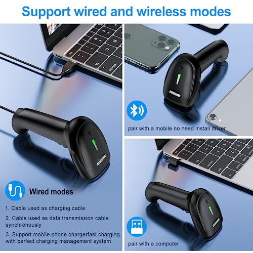 Symcode 2D Wireless Barcode Scanner,Bluetooth6.0 & Wireless2.4G & USB Wired Connection, 1D QR Bar Code Reader Scanner Automatic Fast Precise scanning for Smart Phone, Tablet, PC - Image 2