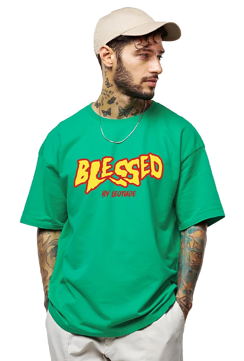 LEOTUDE Men's Oversized Half Sleeve Round Neck Shirt (Fs49_Rama_Blesed_P_Green_L) - Image 1
