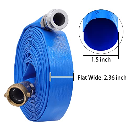 Geowaky 1-1/2" x 100′ PVC Lay Flat Water Pump Discharge Hose With Aluminum Pin Lug Fittings, Heavy Duty Reinforced Pool Backwash Hose Assembly - Image 2