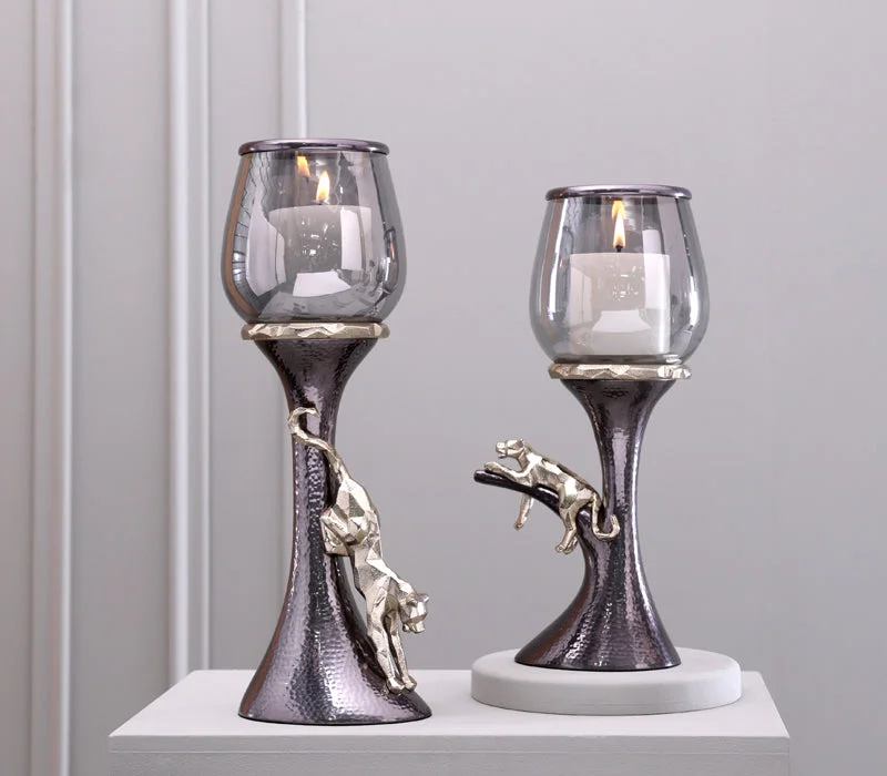 DWELL Dwell-Faceted Panther Hammered Candle Holder - Small-15X13.5X40CM-Grey