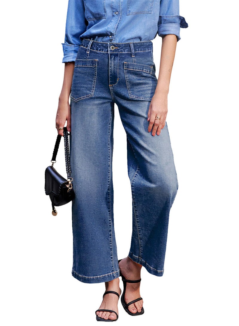 Sidefeel Women's Wide Leg Jeans High Waisted Straight Leg Ankle Jeans Stretchy Trendy Loose Zimbaplatinum Denim Pants Blue Size 6 - Image 1