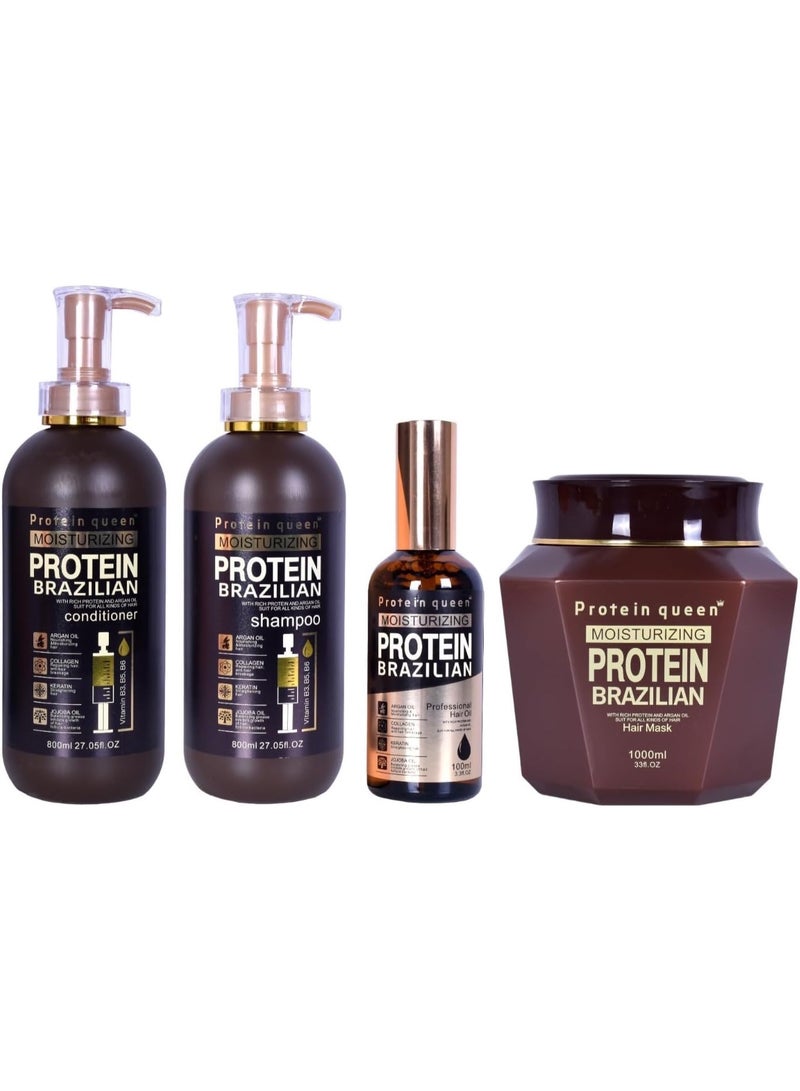 Protein Queen Brazilian Professional Hair Treatment Set, Keratine Moisturizing & Hair Loss Control, Repair, Nourishment. Featuring– SHAMPOO, CONDITIONER, MASK, OIL & Collagen AMPOULES – Sulfate-Free, Protein-Rich Formula (Conditioner 1) - Image 4