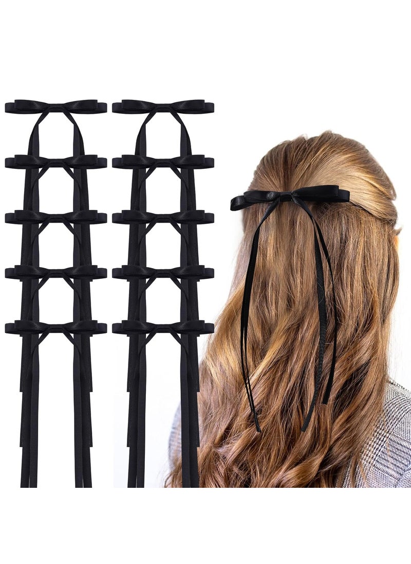 TOKUFAGU - Hair Clips 10PCS Long Tail Ribbon Hair Bow Clips Barrettes Tassel Ribbon Bowknot Ponytail Solid Satin Accessories for Women Girls 10 Long Black - Image 1