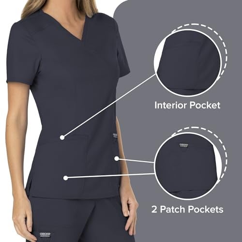 Cherokee Scrubs Top for Women Mock Wrap with 3 Pockets, Soft, 2-Way Stretch & Durable Fabric - WW610, XXS, Pewter - Image 4