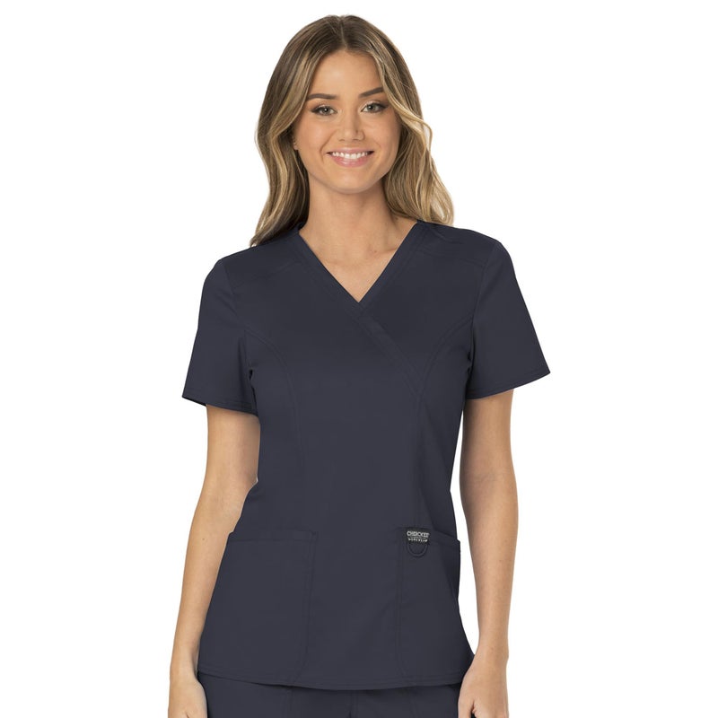Cherokee Scrubs Top for Women Mock Wrap with 3 Pockets, Soft, 2-Way Stretch & Durable Fabric - WW610, XXS, Pewter - Image 3