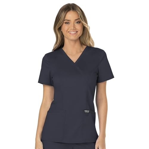 Cherokee Scrubs Top for Women Mock Wrap with 3 Pockets, Soft, 2-Way Stretch & Durable Fabric - WW610, XXS, Pewter - Image 1