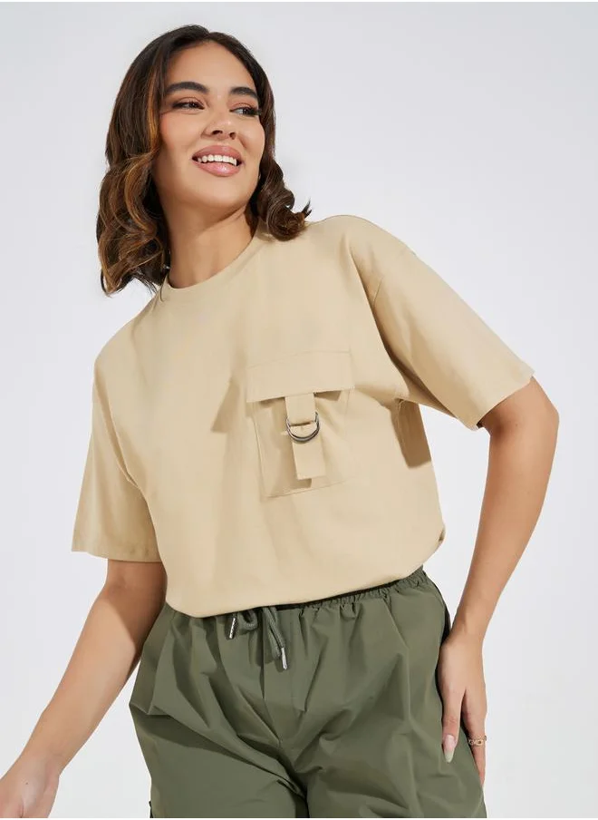 Styli Cotton Jersey Oversized T-Shirt with Flap Pocket