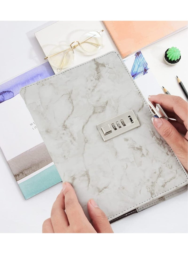 Diary with Lock, A5 Marble with PU Leather Creative Journal Notebook Writing Planner Organizer Travel with Pen Holder for Man Women Teenager 192 Pages (grey) - Image 3