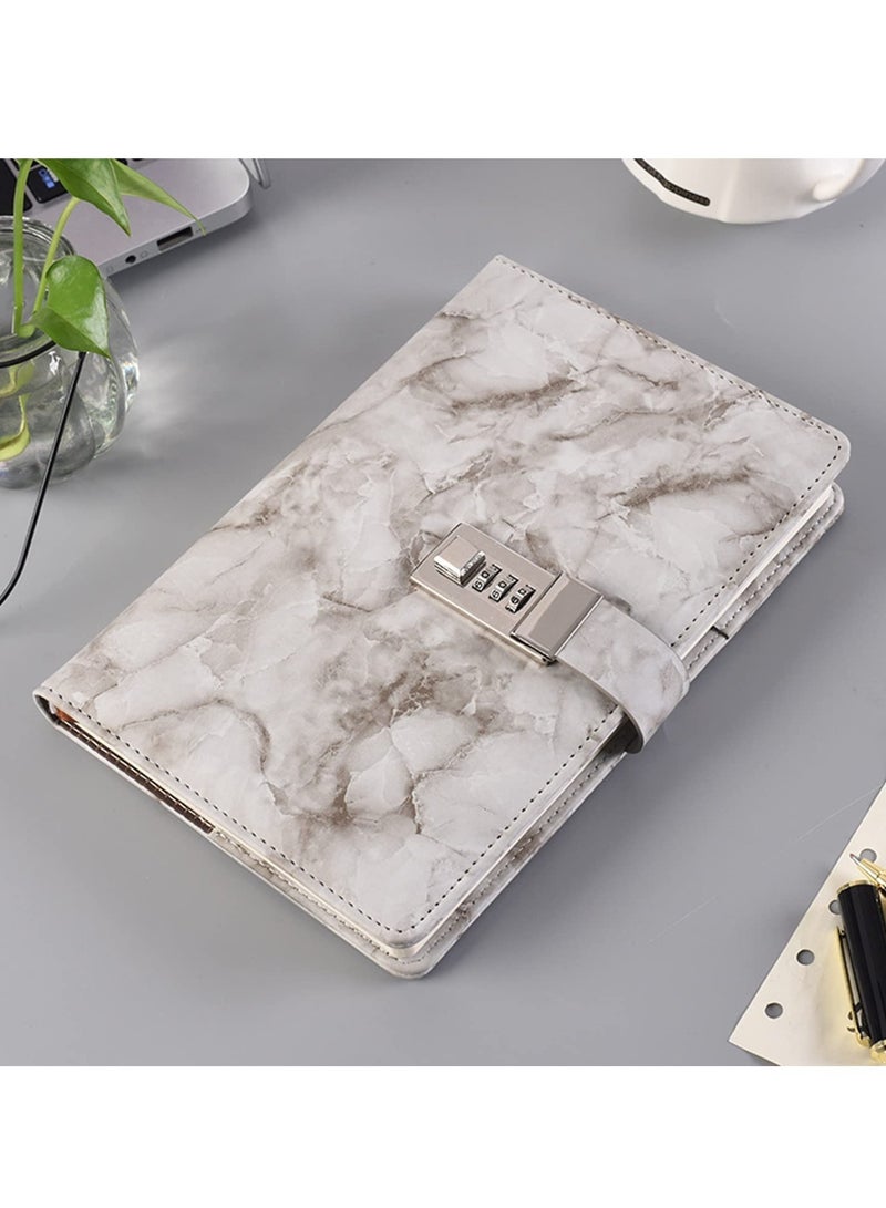 Diary with Lock, A5 Marble with PU Leather Creative Journal Notebook Writing Planner Organizer Travel with Pen Holder for Man Women Teenager 192 Pages (grey) - Image 1