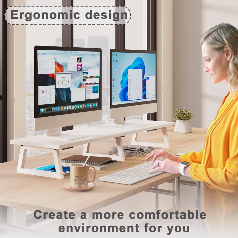 TEAMIX 42 inch White Monitor Riser for 2 Monitors, Wood Desktop Dual Stand with Metal Legs, Long Screen/PC/Laptop Storage,Computer Shelf TV Holder Home Office (White, inch) - Image 3