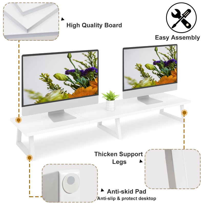 TEAMIX 42 inch White Monitor Riser for 2 Monitors, Wood Desktop Dual Stand with Metal Legs, Long Screen/PC/Laptop Storage,Computer Shelf TV Holder Home Office (White, inch) - Image 4