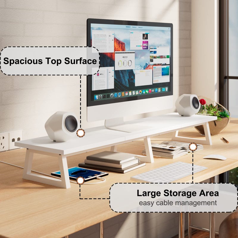 TEAMIX 42 inch White Monitor Riser for 2 Monitors, Wood Desktop Dual Stand with Metal Legs, Long Screen/PC/Laptop Storage,Computer Shelf TV Holder Home Office (White, inch) - Image 2