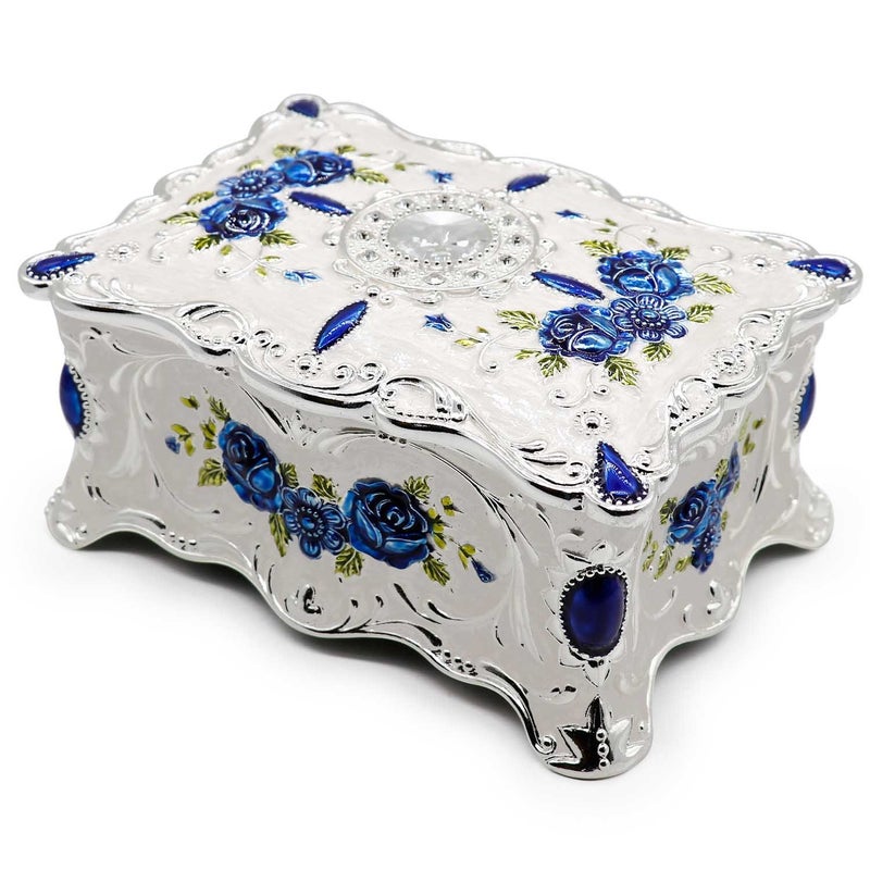 AVESON Luxury Vintage Rectangle Metal Alloy Jewelry Box Trinket Organizer Storage Box with Rose Pattern for Women, Girls, Two-Layer Design, White & Blue, Large - Image 1