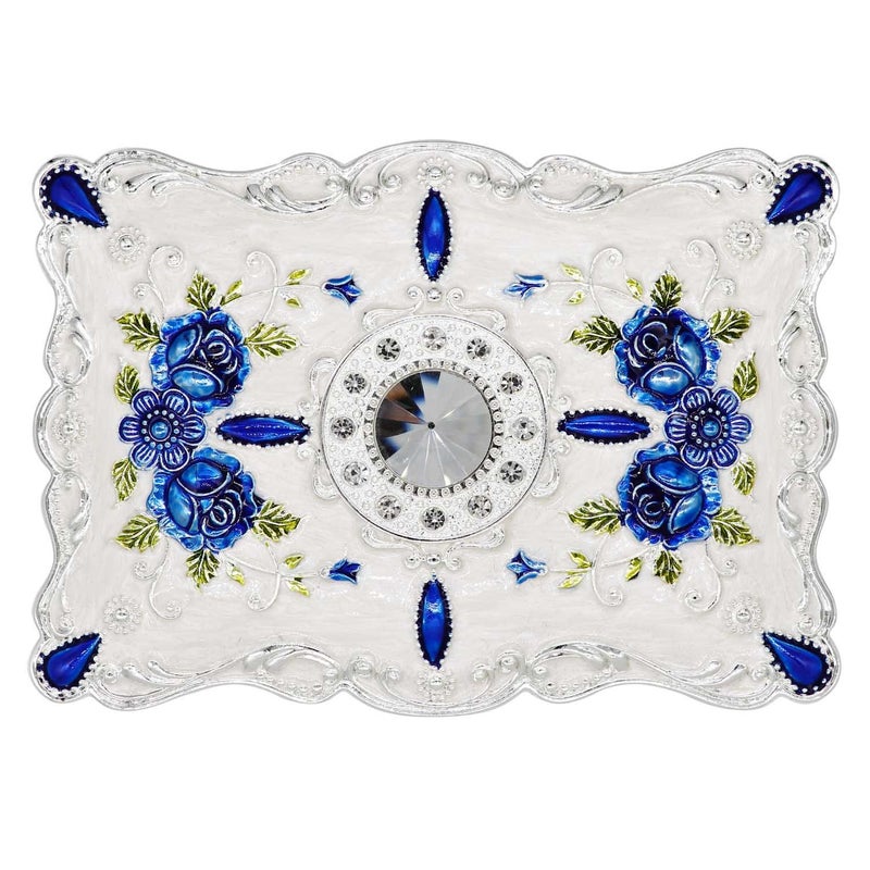 AVESON Luxury Vintage Rectangle Metal Alloy Jewelry Box Trinket Organizer Storage Box with Rose Pattern for Women, Girls, Two-Layer Design, White & Blue, Large - Image 2